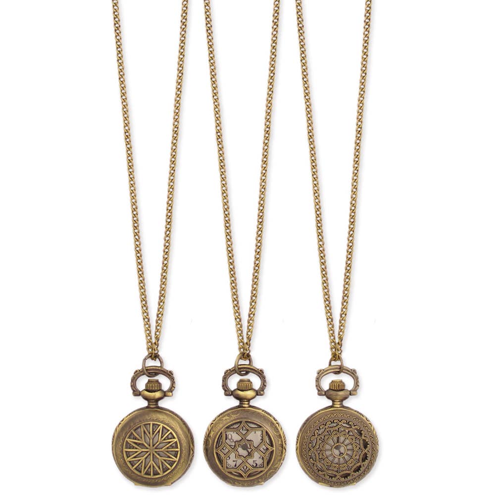 Antiqued Gold Metal Cutout Face Watch Long Necklace
