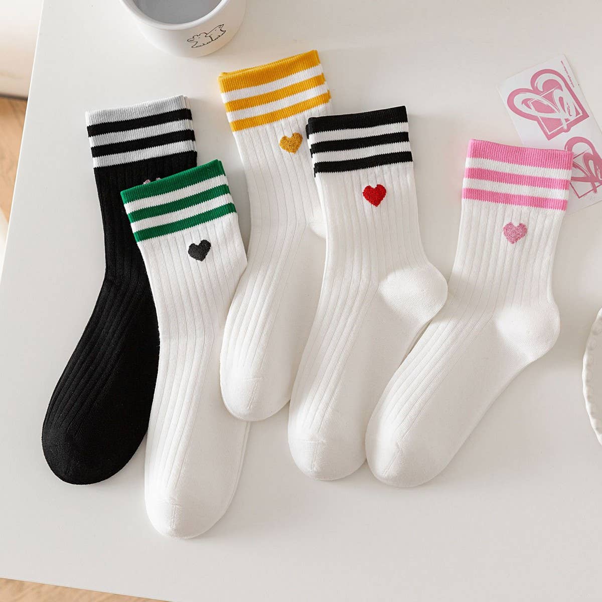 College Style Heart & Stripes Crew Socks