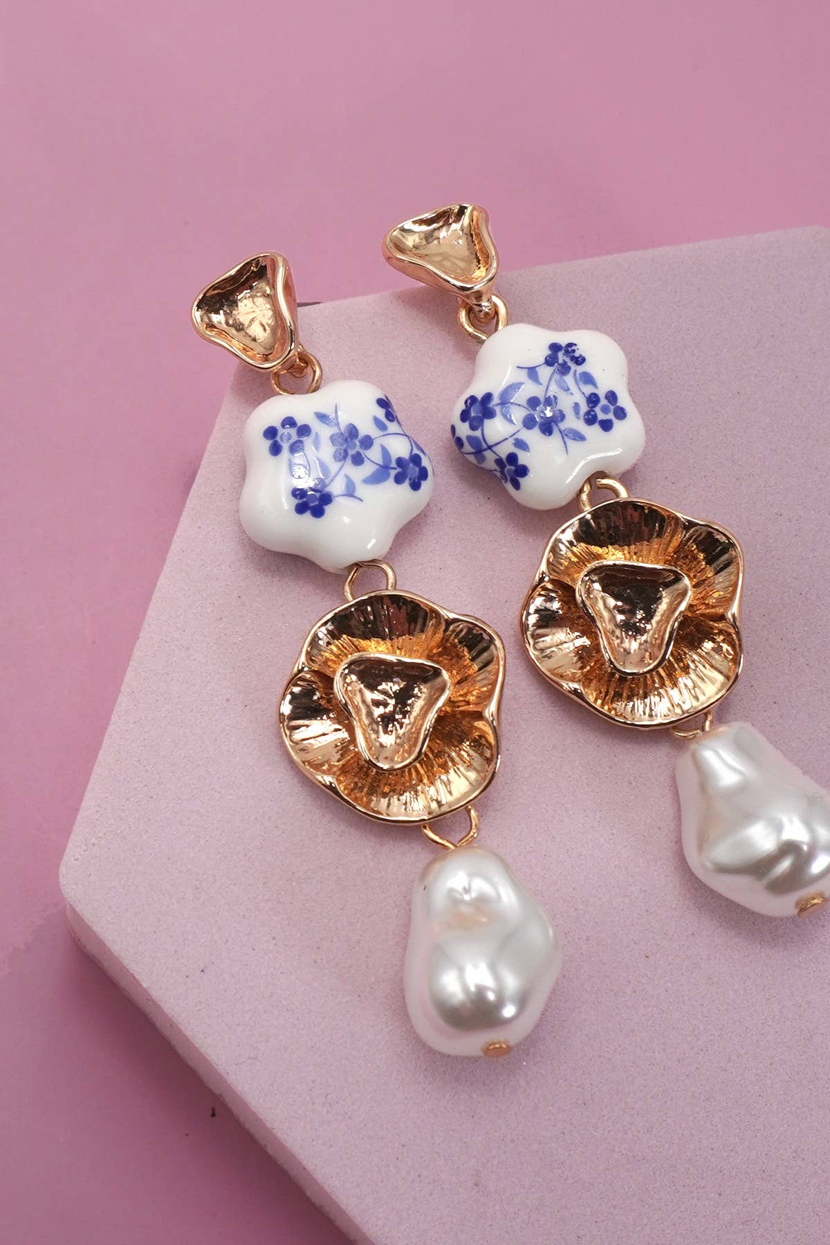 Blue Ceramic & Gold Drop Earrings