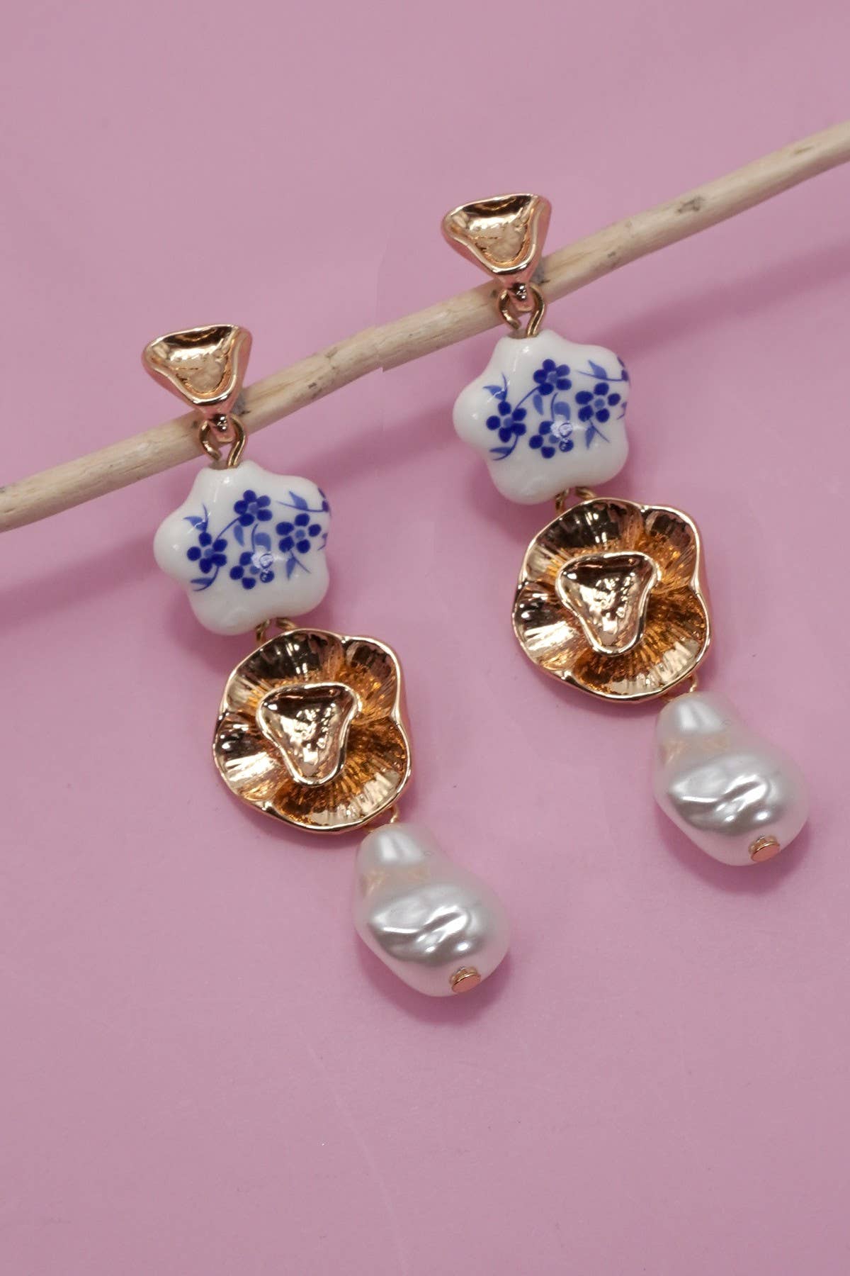 Blue Ceramic & Gold Drop Earrings