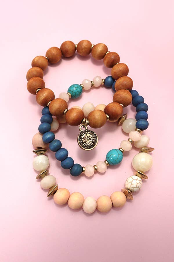 3 Colored Wood & Natural Bead Stretch Bracelet Set