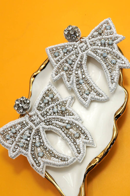 Holiday White Bow Beaded Earrings
