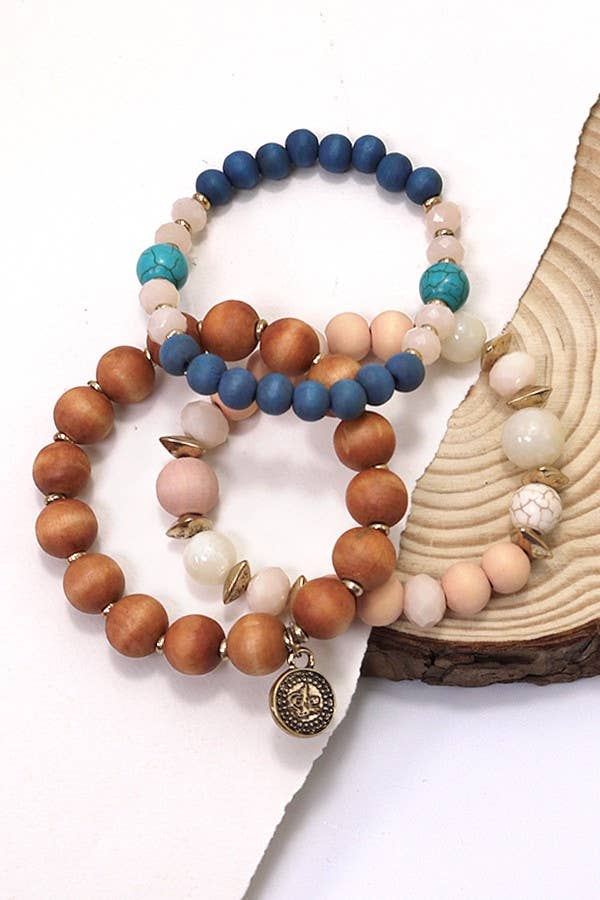 3 Colored Wood & Natural Bead Stretch Bracelet Set