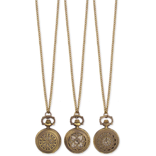 Antiqued Gold Metal Cutout Face Watch Long Necklace