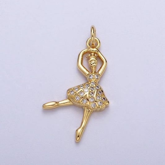 Gold Ballerina Dancer Micro Paved Cubic Zirconia Charm For Arts Jewelry Making | C-690