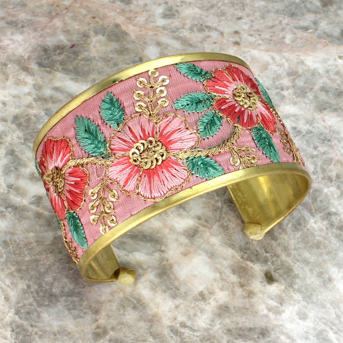 Soft Pink Floral Embroidered Cuff Bracelet