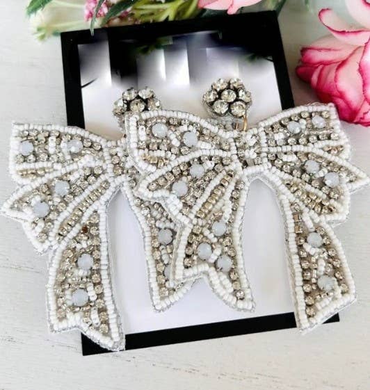Holiday White Bow Beaded Earrings