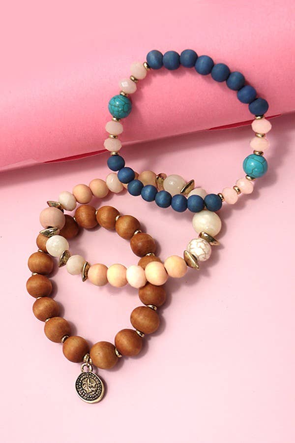 3 Colored Wood & Natural Bead Stretch Bracelet Set