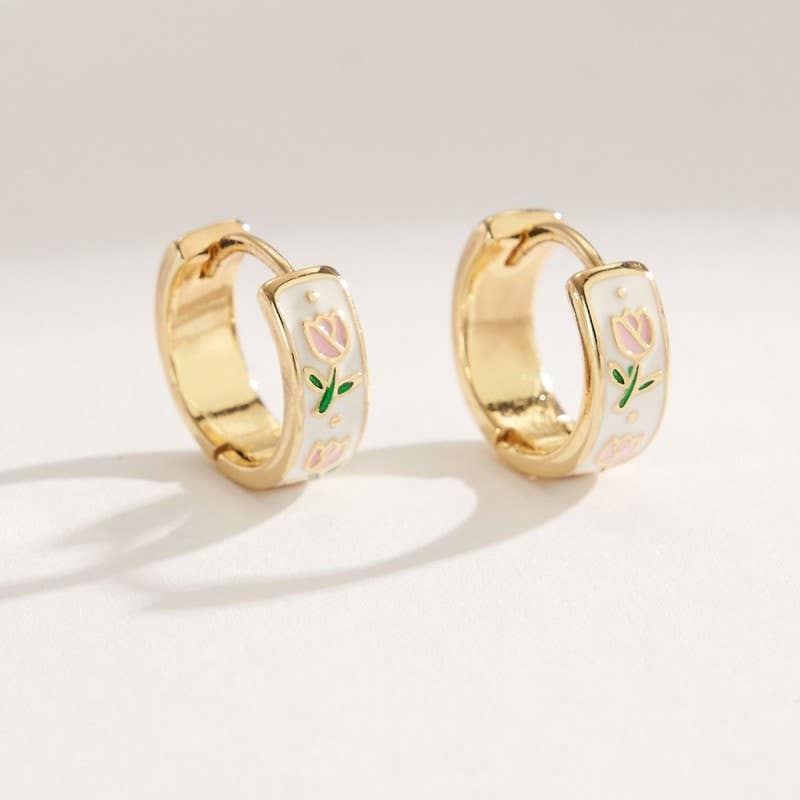 Vintage Cloisonne Floral Huggie Hoop Earrings