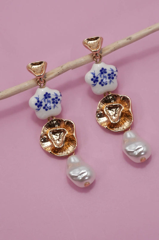 Blue Ceramic & Gold Drop Earrings