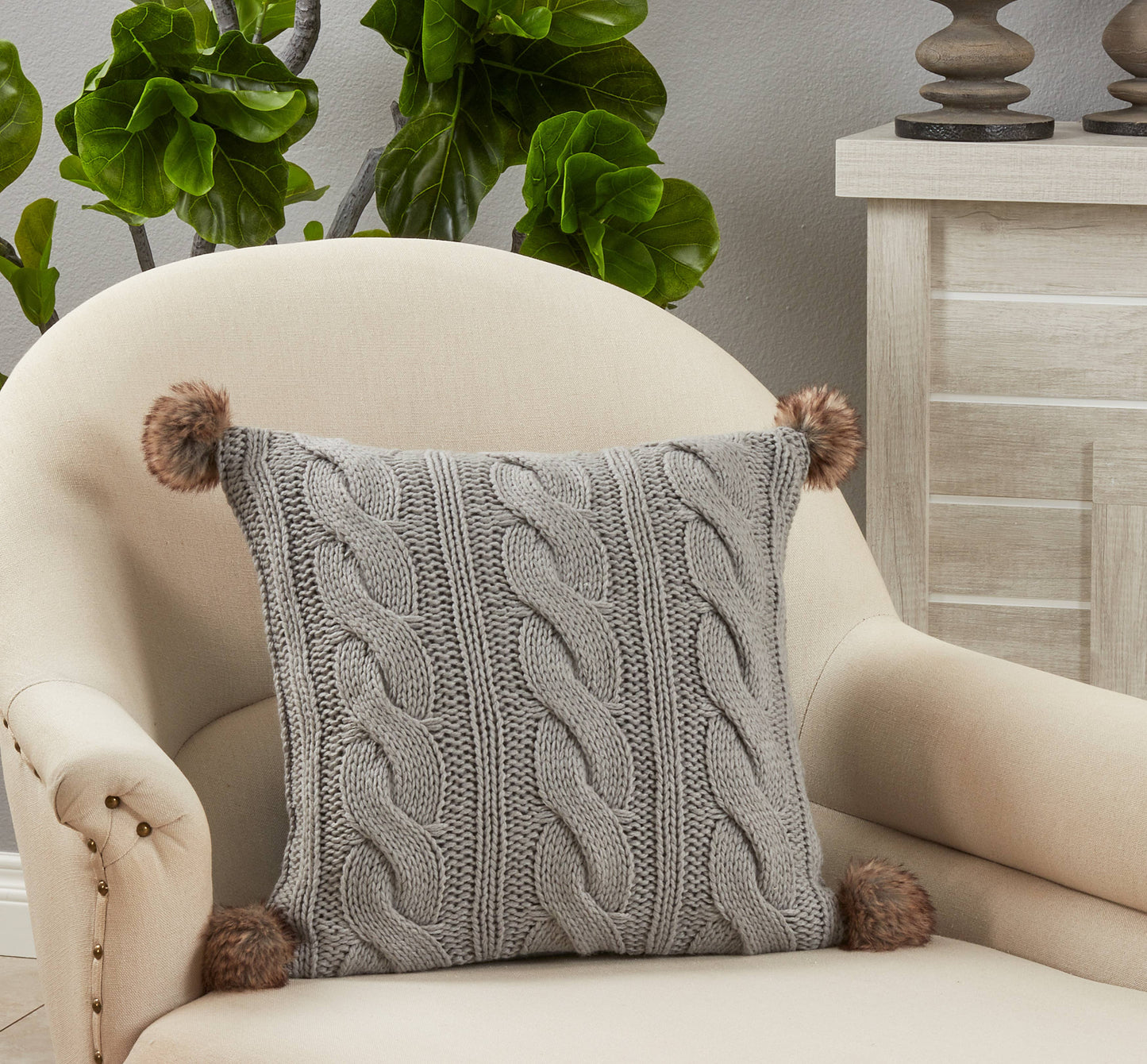 The Aralia - Cable Knit Pom Pom Poly-Filled Throw Pillow