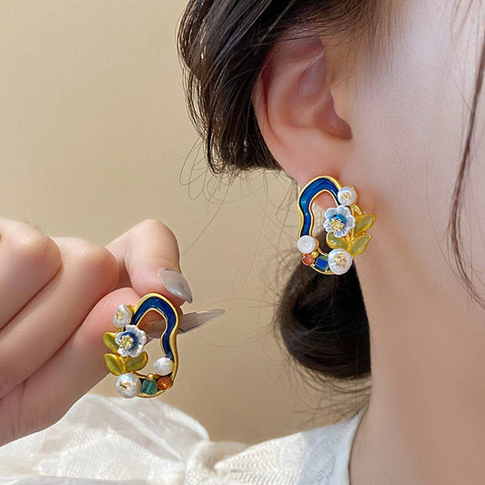 Oil Drop Flower Fresh Water Pearl Earrings